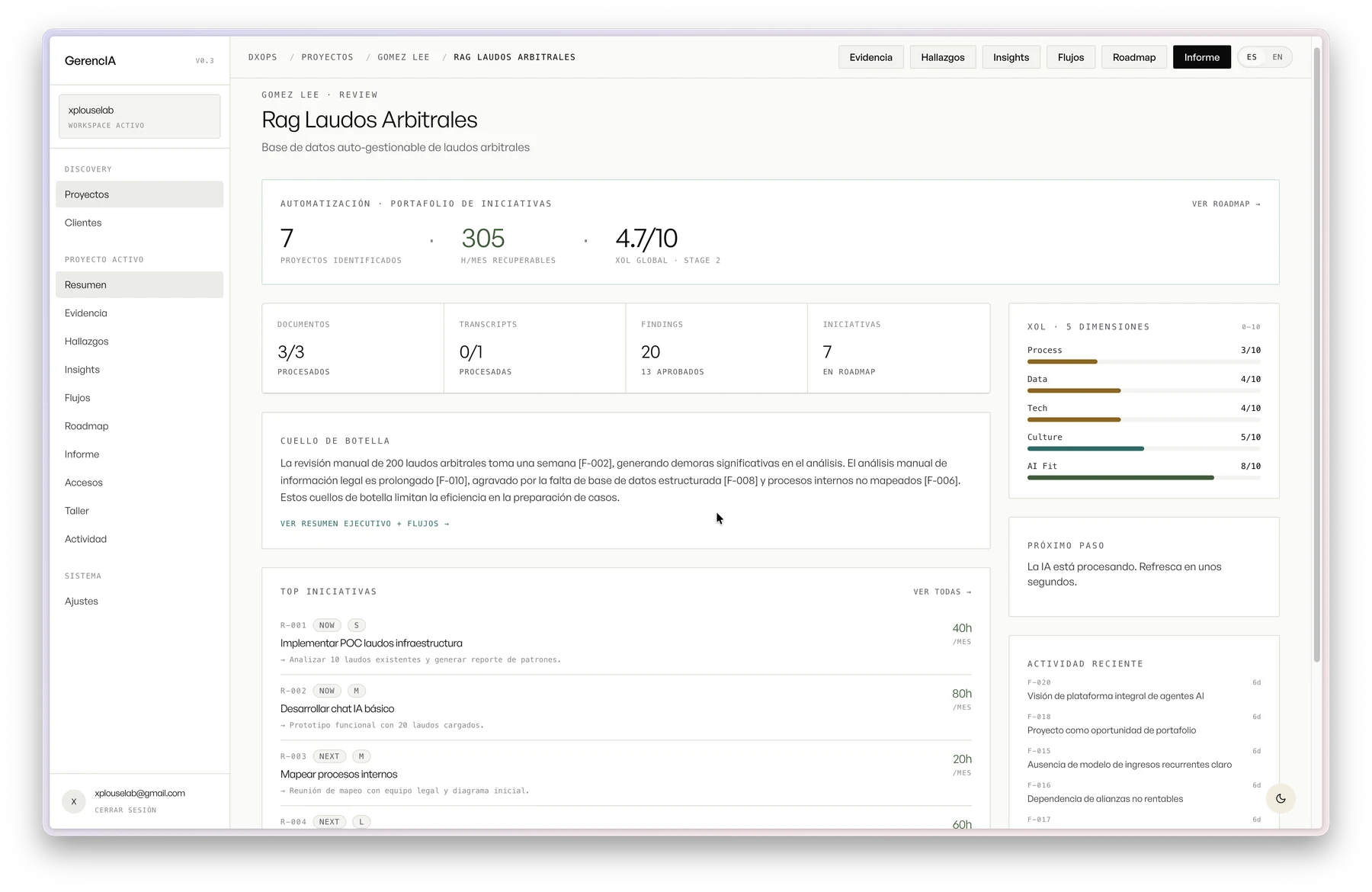GerencIA · panel de discovery del proyecto con transcripciones y avance